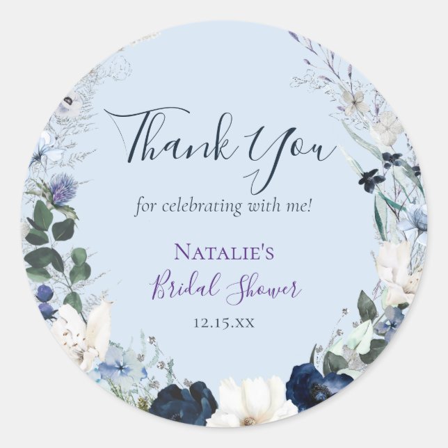Sticker Rond Remerciement de Baby Shower Mariage Fleur Bleu Pou (Devant)