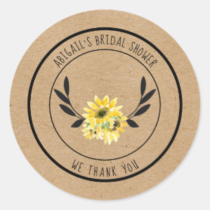 Sticker Rond Remerciement de Baby Shower Rustique aux Tournesol