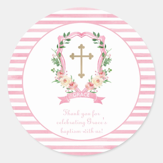 Sticker Rond Remerciement de baptême floral rose (Devant)