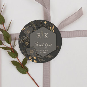 Sticker Rond Remerciement de mariage à monogramme floral or lux