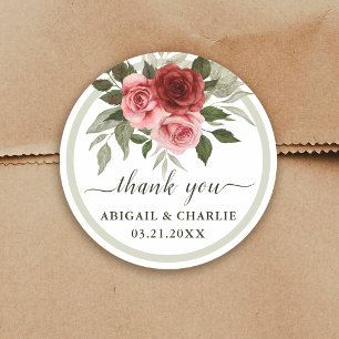 Sticker Rond Remerciement de mariage aux roses rouges aquarelle