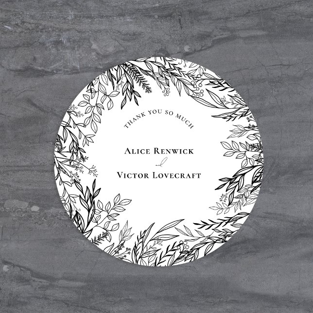 Sticker Rond Remerciement de mariage avec verdure blanche et no (Créateur téléchargé)