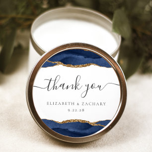 Sticker Rond Remerciement de mariage bleu marine agate or