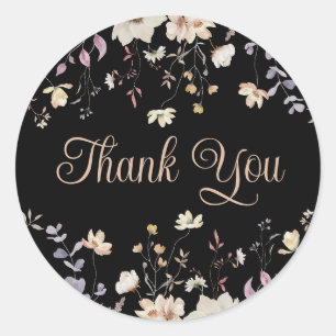 Sticker Rond Remerciement de mariage bohème noir floral élégant