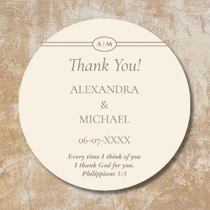 Sticker Rond Remerciement de mariage chrétien à la crème Monogr