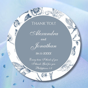 Sticker Rond Remerciement de mariage chrétien bleu en chinoiser