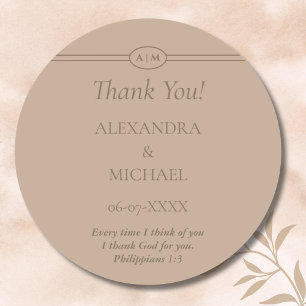 Sticker Rond Remerciement de mariage chrétien Taupe Monogramme