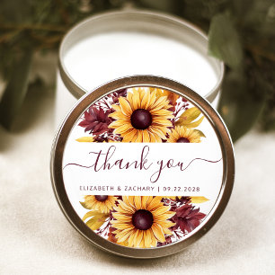 Sticker Rond Remerciement de mariage floral bordeaux Tournesol
