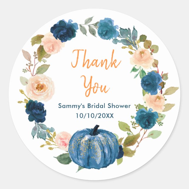 Sticker Rond Remerciement de mariage Floral Citrouille Bleu Mar (Devant)