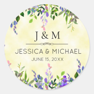 Sticker Rond Remerciement de mariage floral lavande jaune Monog