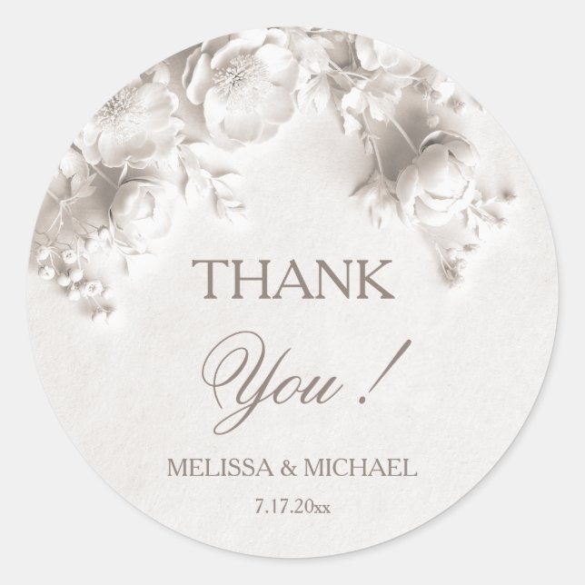 Sticker Rond Remerciement de mariage Ivory 3D Roses (Devant)