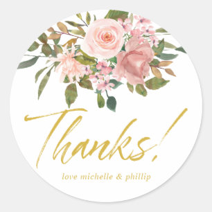 Sticker Rond Remerciement de mariage rose floral et or