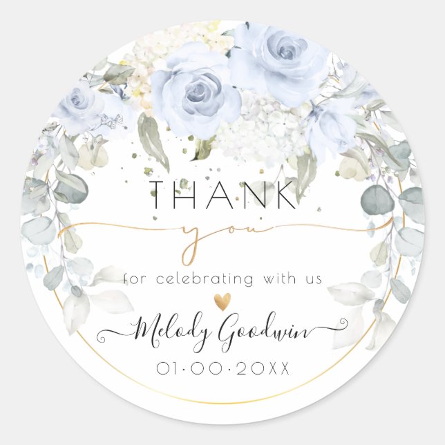 Sticker Rond Remerciement élégant de roses à l'aquarelle bleue  (Devant)