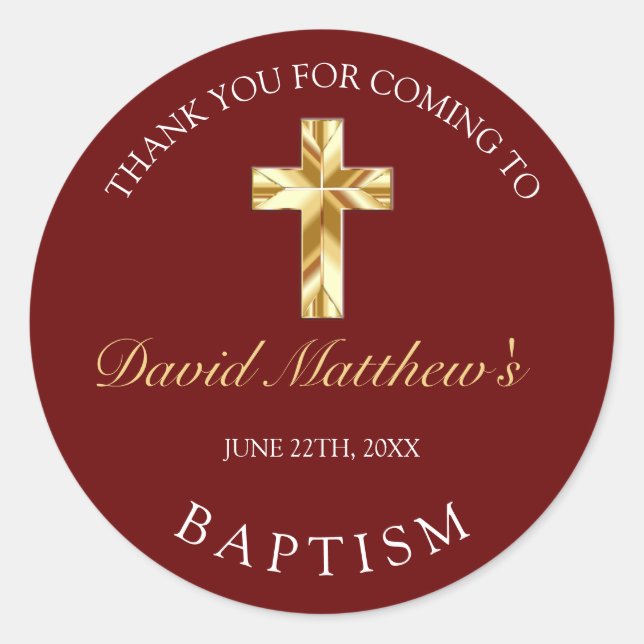 Sticker Rond Remerciement élégant or bordeaux pour baptême de b (Devant)