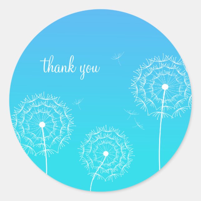 Sticker Rond Remerciement Fleur de Pissenlit Bleu Blanc Minimal (Devant)