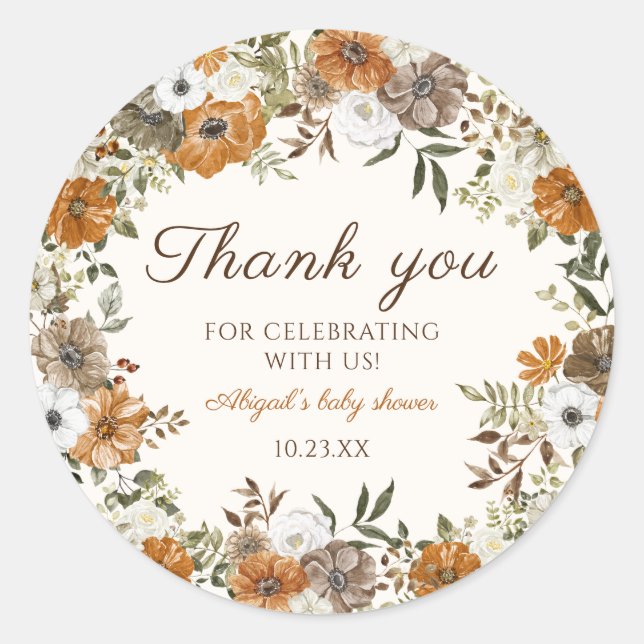 Sticker Rond Remerciement Fleurs d'Automne Rustique Baby Shower (Devant)