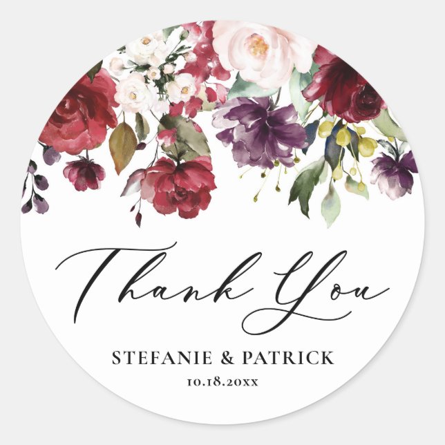 Sticker Rond Remerciement floral aquarelle rouge et violet (Devant)