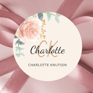 Sticker Rond Remerciement floral crème or rose eucalyptus