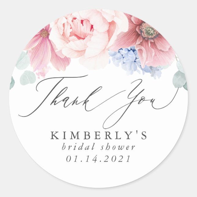 Sticker Rond Remerciement floral Rose Poussiéreuse et Bleu Pous (Devant)