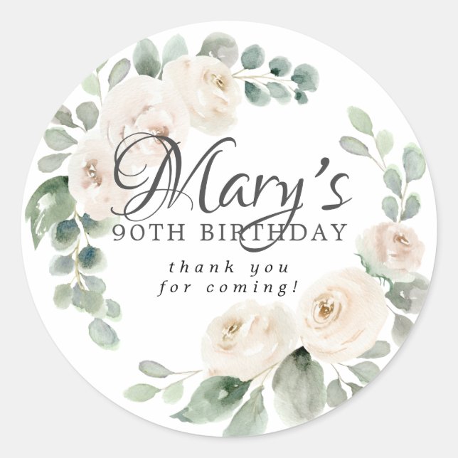 Sticker Rond Remerciement pour 90e anniversaire Fleur Blanche d (Devant)