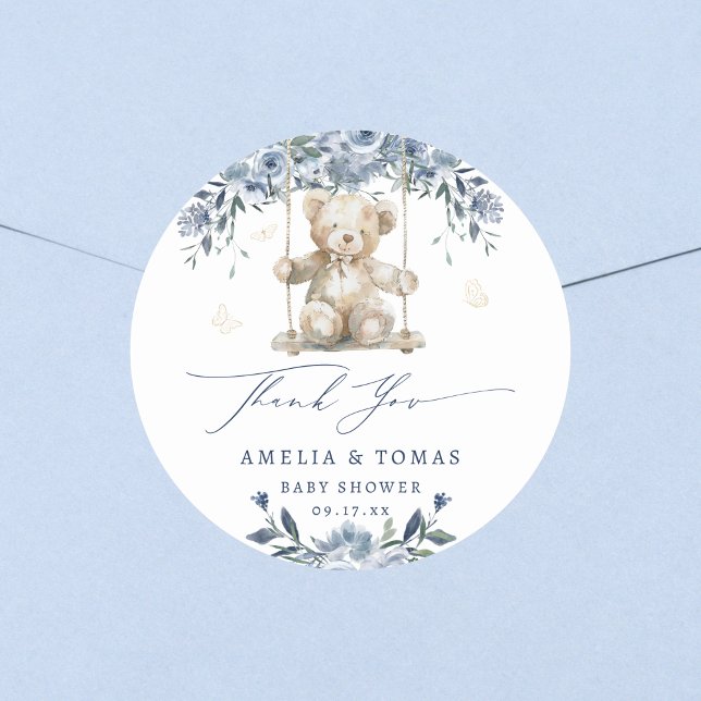Sticker Rond Remerciement pour Baby Shower Balançoire Ourson Bl (Créateur téléchargé)