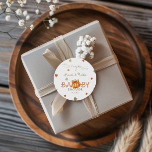 Sticker Rond Remerciement pour Baby Shower Citrouille Feuilles 