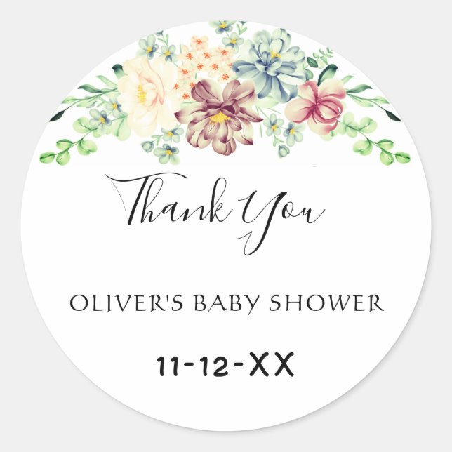 Sticker Rond Remerciement pour Baby Shower Dusty Rose Fleurs Bl (Devant)