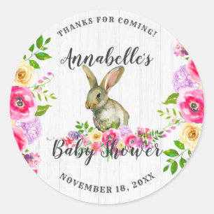 Sticker Rond Remerciement pour Baby Shower Fille Lapin Floral