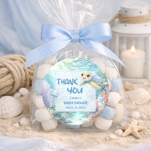 Sticker Rond Remerciement pour Baby Shower Garçon Tortue Sous l