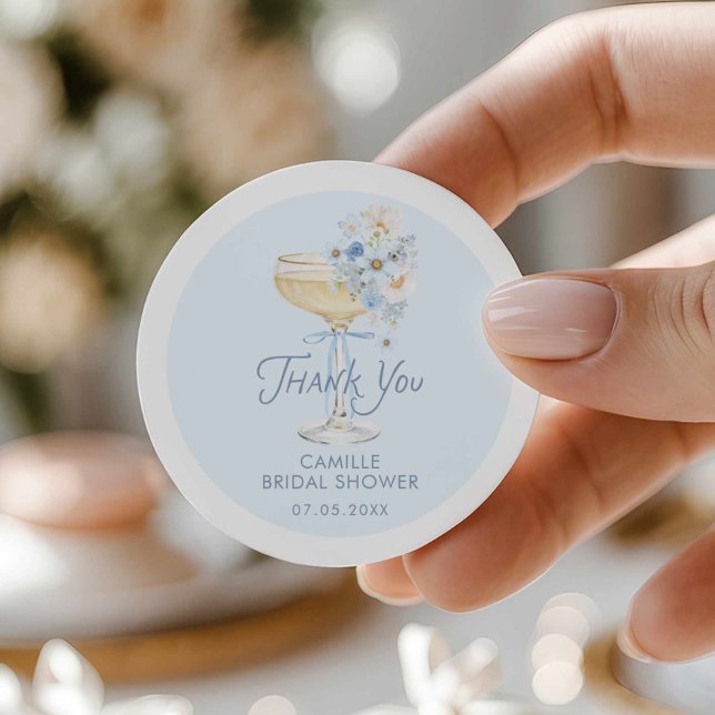 Sticker Rond Remerciement pour Baby Shower Mariage Amour en Fle (Blue Brunch and Bubbly Bridal Shower Round Sticker)