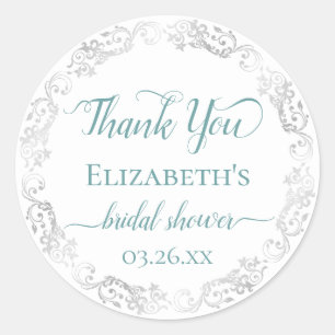 Sticker Rond Remerciement pour Baby Shower Mariage Teal sur Fon