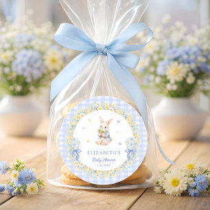 Sticker Rond Remerciement pour Baby Shower Rabbit Blue Gingham