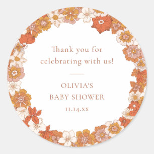 Sticker Rond Remerciement pour Baby Shower Rétro Boho Orange Fl