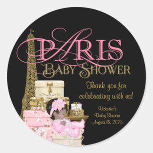 Sticker Rond Remerciement pour Baby Shower Rose Or Noir Paris