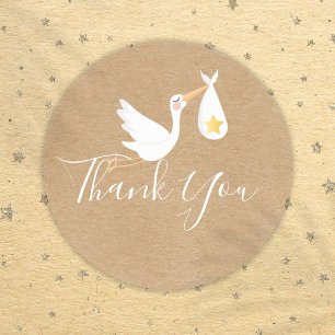 Sticker Rond Remerciement pour Baby Shower Rustique Cigogne Éto
