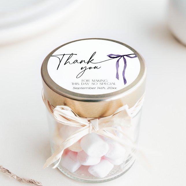 Sticker Rond Remerciement pour la fête de mariage avec un ruban (round thank you sticker with moody purple bow)