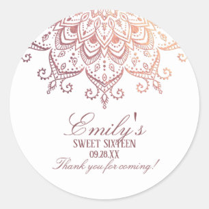 Sticker Rond Remerciement Rose Gold Mandala pour un Sweet 16