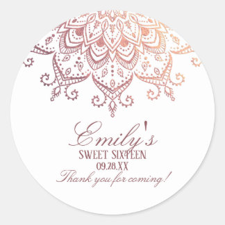Sticker Rond Remerciement Rose Gold Mandala pour un Sweet 16