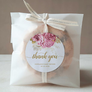 Sticker Rond Remerciement Rose Or Baby Shower Floral