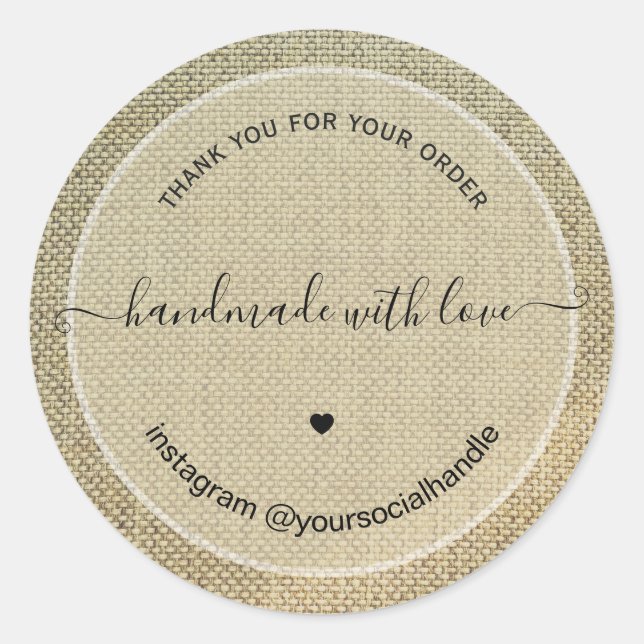 Sticker Rond Remerciement rustique fait main avec amour lin bei (Devant)