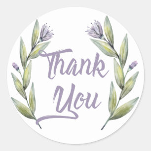 Sticker Rond Remerciement Violet Feuilles & Fleurs de Laurier V