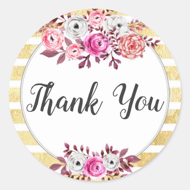 Sticker Rond Remerciements à rayures aquarelle et dorures flora (Devant)