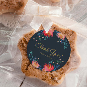 Sticker Rond Remerciements! Bleu foncé, Élégant, Fleurs Whimiqu