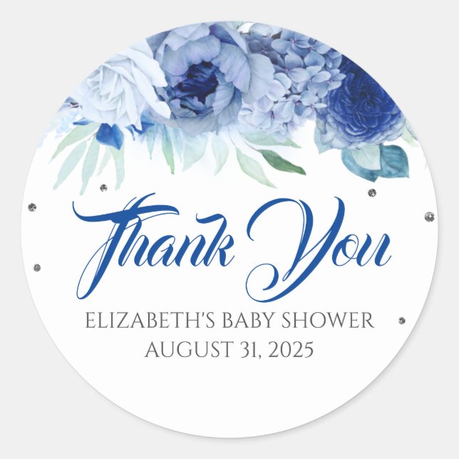 Sticker Rond Remerciements de Baby Shower Fleurs Bleues (Devant)