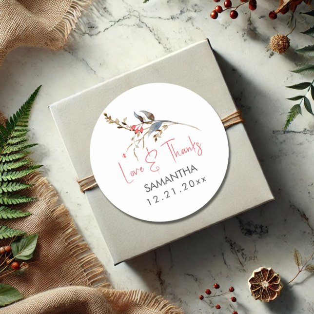Sticker Rond Remerciements de Fête de Mariage Rustique Aquarell (Fall and winter bridal shower favor stickers personalized rustic watercolor berries)