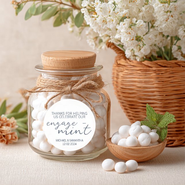 Sticker Rond Remerciements de fiançailles Bleu Mint (Personalized Engagement Party Favor Label)