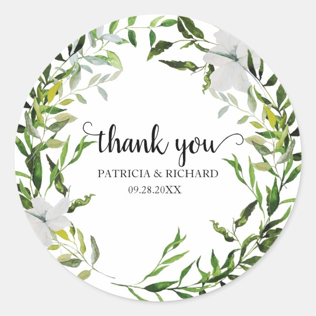 Sticker Rond Remerciements de mariage à la verdure élégante d'e (Devant)