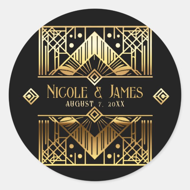 Sticker Rond Remerciements de mariage Art Déco noir et or (Devant)