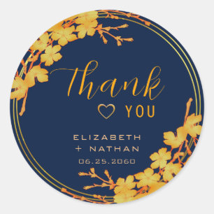 Sticker Rond Remerciements de mariage bleu marine floral or cla