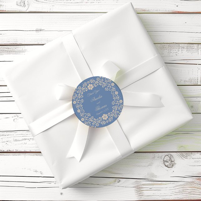 Sticker Rond Remerciements de mariage bleu rustique (Créateur téléchargé)